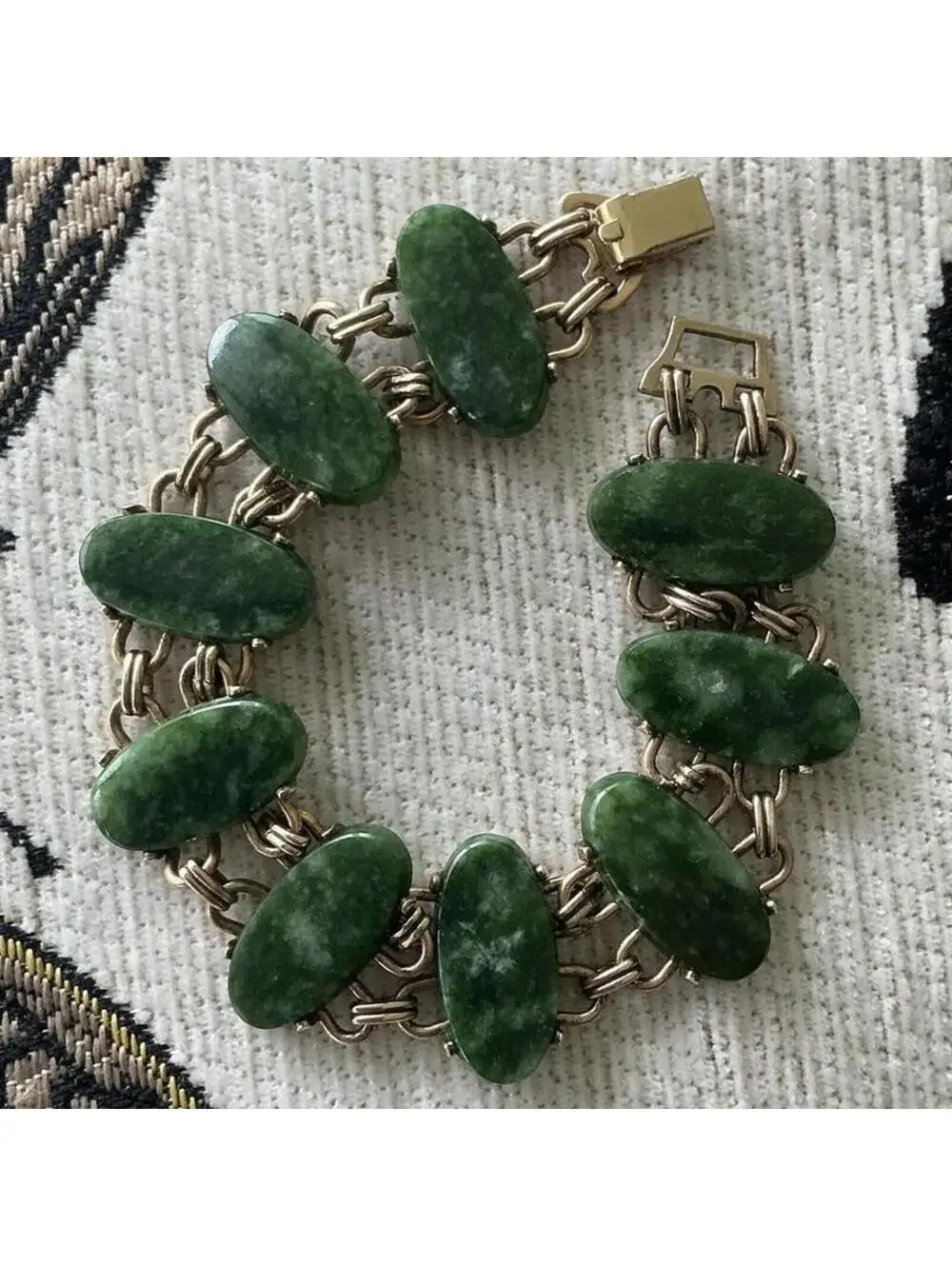 Vintage Nephrite Jade Cabochon Link 12K Gold Filled WRE Bracelet
